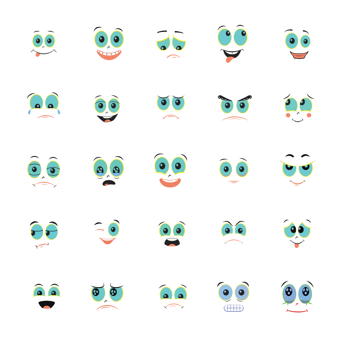 Cartoon faces set. Angry, laughing, smiling, crying, scared and