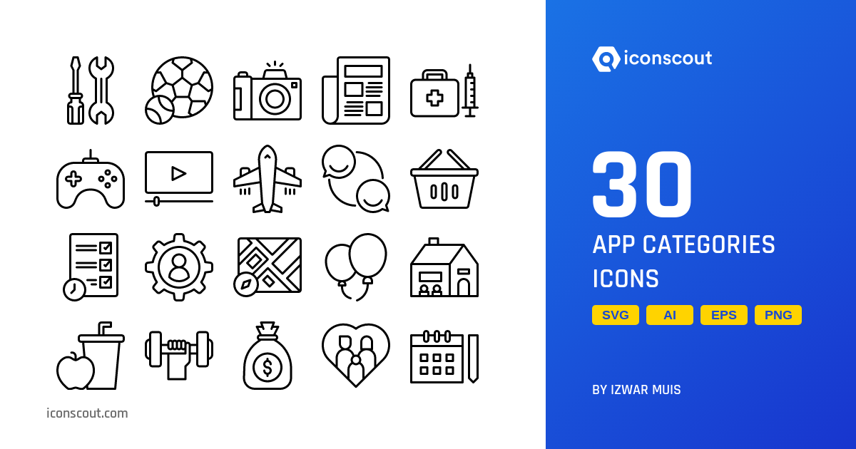 App Categories Icon Pack - 30 Line Miscellaneous Icons | SVG, PNG, ICO ...
