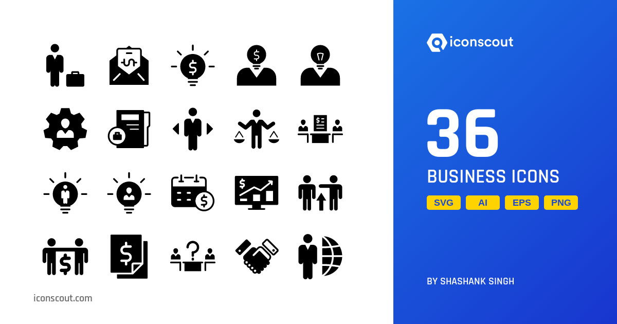 Business Icon Pack - 36 Glyph Business Icons | SVG, PNG, ICO Available