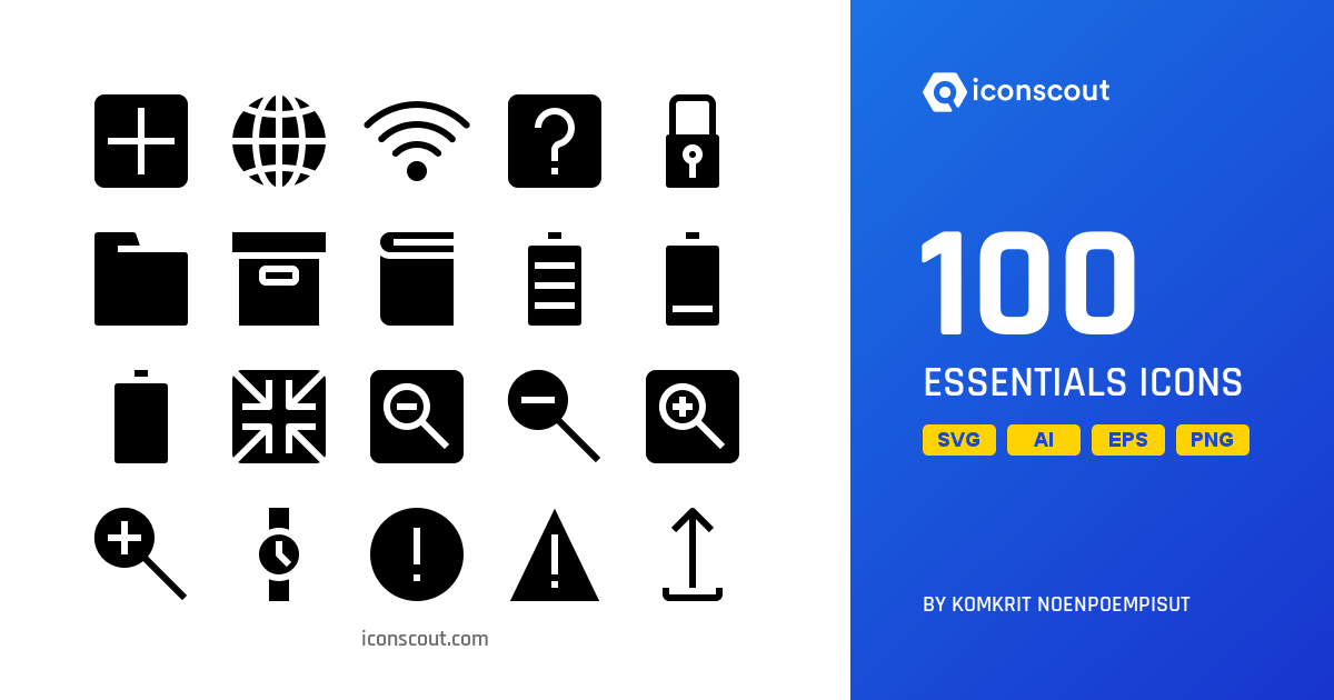 Essentials Icon Pack - 100 Glyph User Interface Icons 