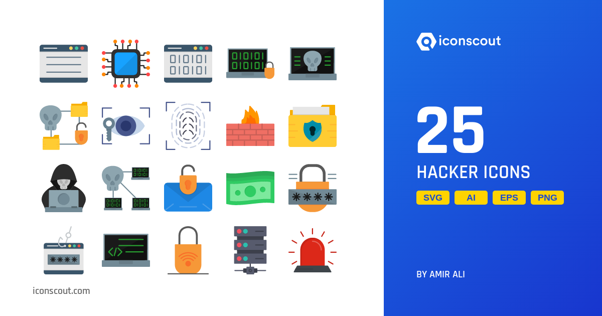 Hacker Icon Pack - 25 Flat Crime & Security Icons | SVG, PNG, ICO Available