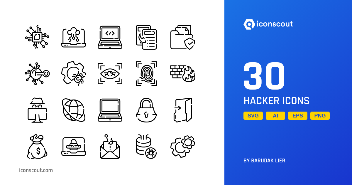 Hacker Icon Pack - 30 Line Crime & Security Icons | SVG, PNG, ICO Available