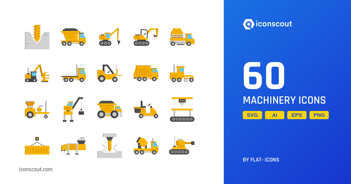 Machinery Icon Pack - 60 Flat Vehicle Icons | SVG, PNG, ICO Available