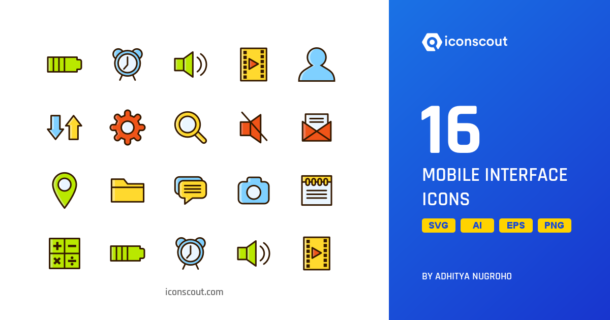 Mobile Interface Icon Pack - 16 Colored Outline User Interface Icons ...