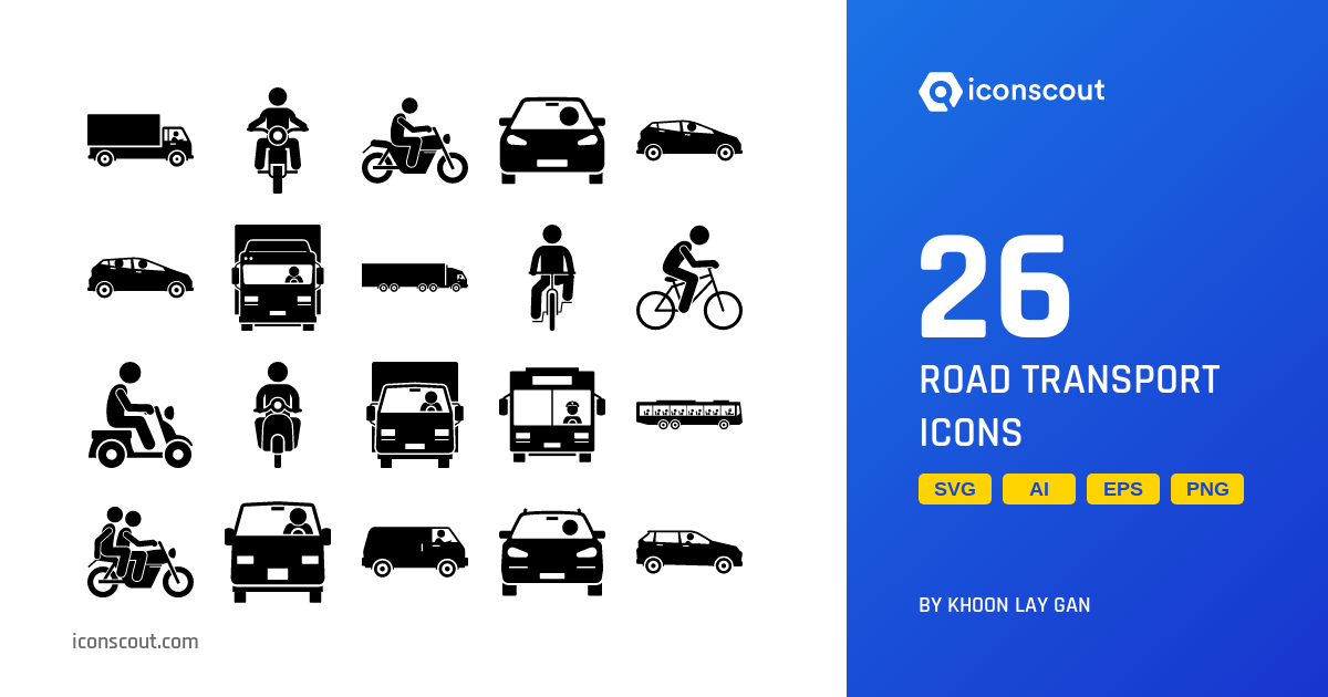 Road Transport Icon Pack - 26 Glyph Vehicle Icons | SVG, PNG, ICO Available