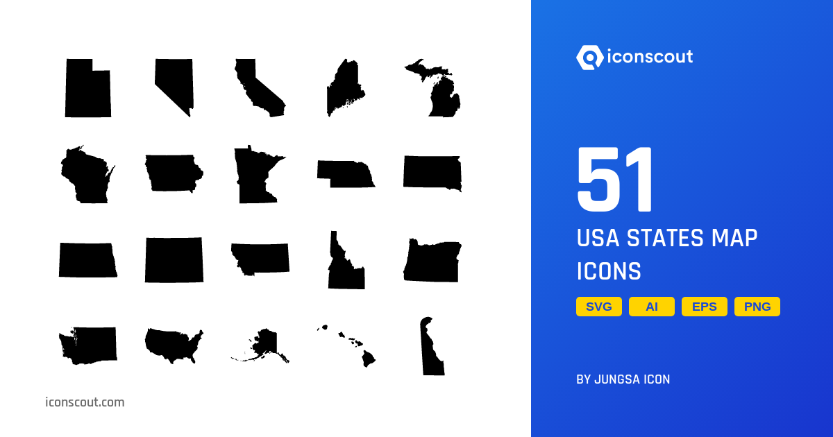 USA States Map Icon Pack - 51 Glyph Maps And Navigation Icons | SVG ...