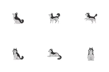 Happy Domestic Husky Puppy Sitting, Lying, Jumping Icon Pack
