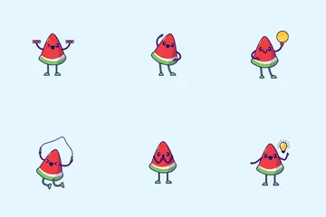 Personaje lindo de dibujos animados de sandía Paquete de Iconos