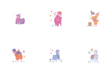 Set Of Colorful Cute Llamas In Different Poses Icon Pack