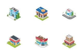 Supermarket, Cafe And Stores Isometric
