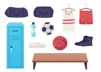 Recogida de material deportivo con artículos en el vestuario Paquete de Iconos