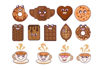 Tazas Cremosas De Café, Donuts De Chocolate Paquete de Iconos