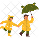 Children In Raincoats Walking Icon