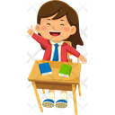 Cute School Girl Sitting At Desk  Icon