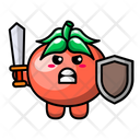 Cute Tomato Holding Sword And Shield Icon