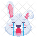 Rabbit crying expression cute funny emoji vector. Farm pet animal bunny face with closed eyes, weeping and open mouth. Depressed and offended smile emotion. Sadness emoticon flat cartoon illustration  Icon