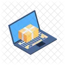 38 A laptop with a box resting on it and a note next to it, implying a message related to the package.  Icon