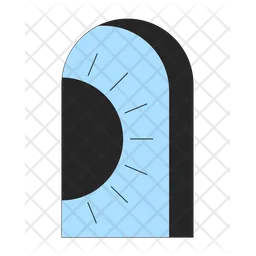Arched window with peeping out black sun on blue sky  Icon