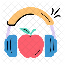 Auriculares con manzana, ícono de doodle de podcast saludable  Icono