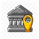 Cartoon Illustration Of A Bank With A Map Pointer Icon