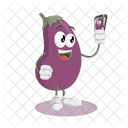 Mascota Del Logotipo De Berenjena Con Pose De Selfie Icono