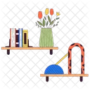 Books and decorative accessories on shelves  Icon