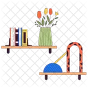 Books and decorative accessories on shelves Icon