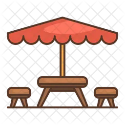 Camping table and bench with umbrella  Icon