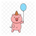 Cute cartoon pig with party hat and balloon  Icon
