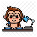 Cute monkey studying with table lamp  Icon