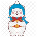 Cute polar bear holding a gift in winter  Icon
