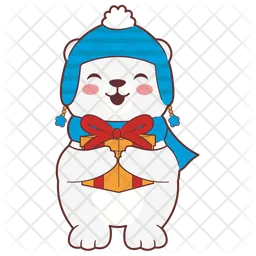 Cute polar bear holding a gift in winter  Icon