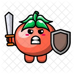 Cute tomato holding sword and shield Emoji Icon