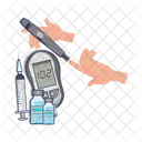 Diabetes drug with finger hand in  glucometer  Icon