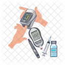 Diabetes drug with finger hand in  glucometer  Icon