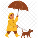 Un enfant promène son chien un jour de pluie  Icône