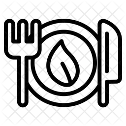 포크, 나이프와 잎이 접시에 담겨 있다  아이콘