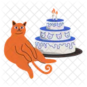 케이크 옆에 앉아 있는 오렌지색 생일 고양이  아이콘