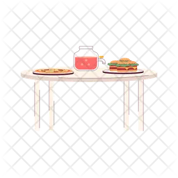 Party fastfood and punch jar with tap on table  Icon