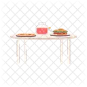 Party fastfood and punch jar with tap on table  Icon