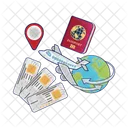 Passport book, ticket airplan,location with earth  Icon