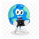 Mascota Del Logotipo De La Tierra Con Pose De Camara Icono