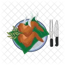 Roasted chicken in plate with cutlery  Icon
