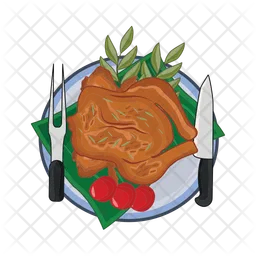 Roasted chicken in plate with cutlery  Icon