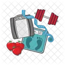 Scales weight,  fitness equipment with apple fruit  Icon