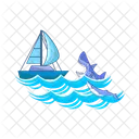 Shark with boat in sea  Icon