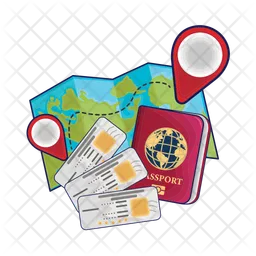 Ticket, passport book with location in  maps  Icon