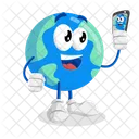 Mascota Del Logotipo De La Tierra Con Pose De Selfie Icono