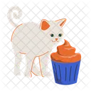 컵케이크를 먹는 흰 고양이 생일  아이콘