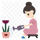 여자 정원사 꽃 물주기 아이콘